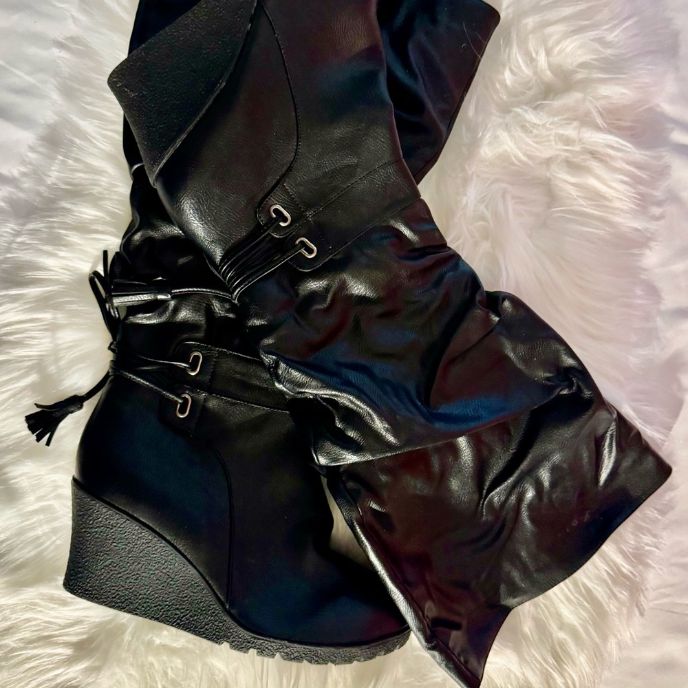 Black Wedge Knee-High Boots